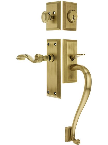 Fifth Avenue Entry Lock Set in Antique Brass Finish with Right-Handed Portofino Lever and